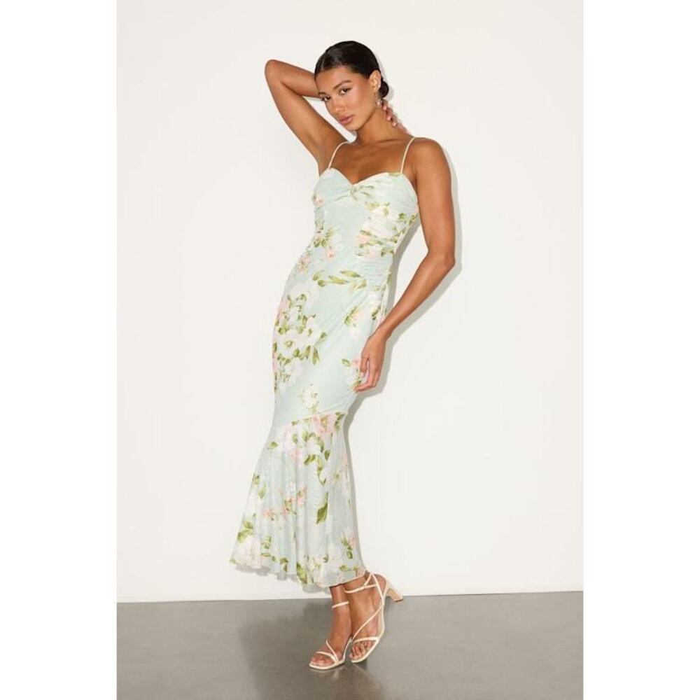 Lulus Giorgina Sage Floral Mesh Gathered Trumpet Midi Dress Green - Size M